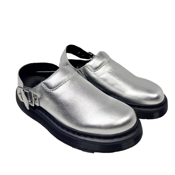 Dr. Martens Shoes - Dr. Martens Laketen Womens 9 Silver Metallic Leather Slingback Clogs Mules NEW
